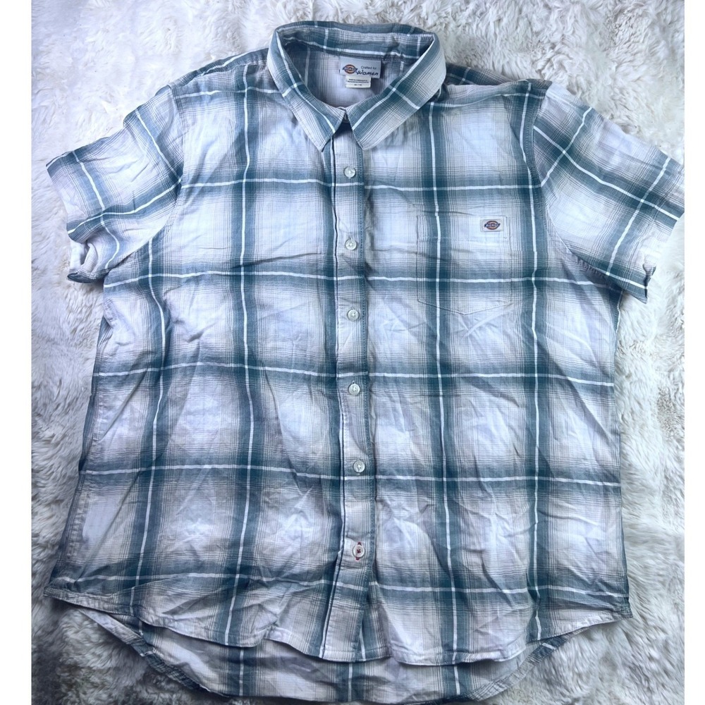 Dickies Crafted for Women XL Plaid Short Sleeve Button Down Shirt Teal White A27